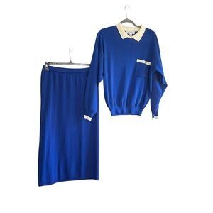 Karen Scott blue white vintage acrylic knit midi skirt set Size M